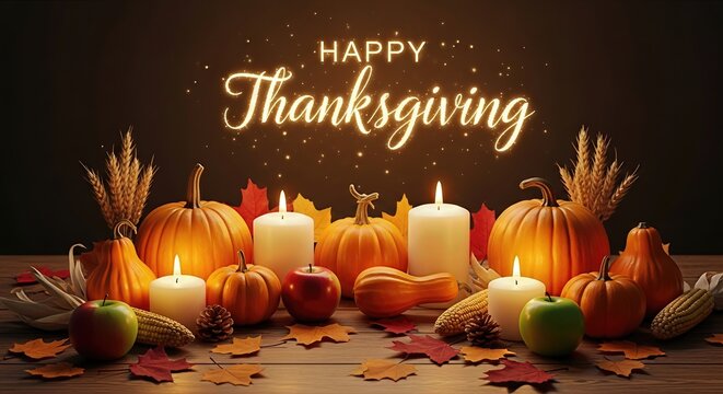 Harvest bounty centerpiece with glowing candles and autumn leaves, conveying a warm and festive Happy Thanksgiving Day celebration with pumpkins and corn.