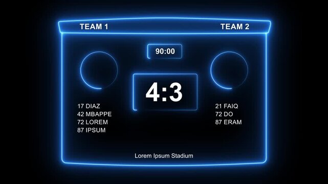 football scoreboard. Glowing neon scoreboard and game result display icon animation. Neon blue scoreboard icon displaying 4:3 score. 4k