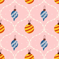 Seamless vector pattern with Christmas ornaments. Ideal for wrapping paper, fabric, and seasonal packaging