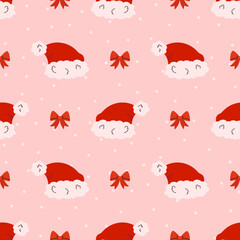 Seamless vector pattern with Santa hats and bow. Ideal for wrapping paper, fabric, and holiday packaging
