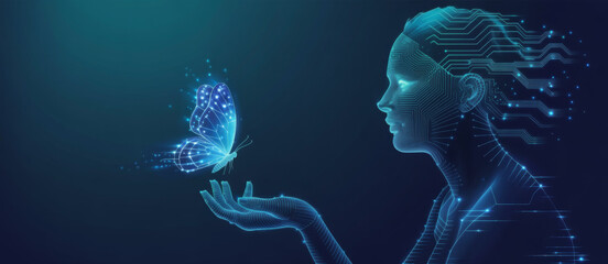 Futuristic abstract humanoid robot holding a digital butterfly on a palm. AI art or Artificial Intelligence Innovation concept. Polygonal wireframe vector illustration. Blue technology background. 