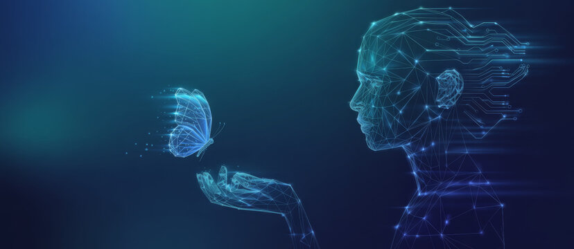 Futuristic abstract humanoid robot holding a digital butterfly on a palm. AI art or Artificial Intelligence Innovation concept. Polygonal wireframe vector illustration. Blue technology background. 