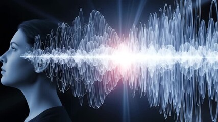 Woman listening to neural sound waves, AI audio visualization and brain resonance, modern technology concept - Powered by Adobe