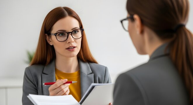 Two businesswomen in a meeting, one speaking and holding a pen, the other listening attentively.