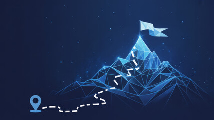 Abstract mountain with a path to the top. Way to goal in digital futuristic style on a blue technology background. Vector illustration of success achievement concept. Low Poly wireframe flag and ridge