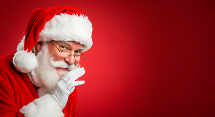 Santa Claus winks and gestures a secret on a vibrant red background