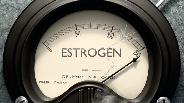 Estrogen meter showing high levels of estrogen. Dangerously increasing values of estrogen, critical overload. Too much, off the charts. Max estrogen ,3d illustration