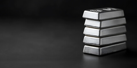 Five shimmering silver bars stacked neatly against a dark backdrop evoke wealth and security.  The clean lines and metallic sheen capture value and luxury. A timeless symbol.