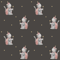 Pattern wizard cat holding magic wand, star. Hand drawn watercolor illustration in childish style. Seamless print on dark gray from background for textiles, fabrics, clothing, wallpaper, packaging