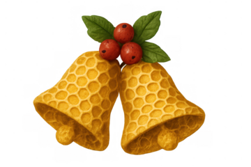 Honeycomb bells with holly leaves and red berries, creating a sweet natural christmas decoration on transparent background