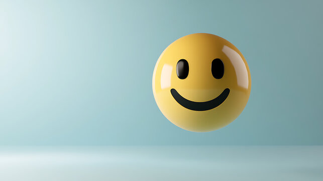A cheerful yellow emoji hovers against a soft, pastel blue backdrop, radiating simple joy. The minimalist design emphasizes the universal language of positive emotion.