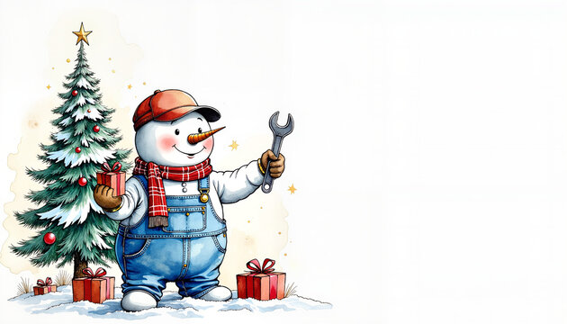 Watercolor vintage illustration of a snowman in an mechanic profession holding a wrench and gift beside a Christmas tree on pure white background, ideal for holiday greetings and festive designs.