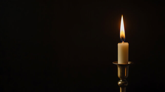 Single candle flame illuminates the darkness, casting a warm glow against the black background. Symbolizing hope and remembrance, it offers a tranquil ambiance. Wax softly melting.