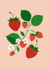 Vibrant Strawberry Illustration with Blooming Flowers and Green Leaves