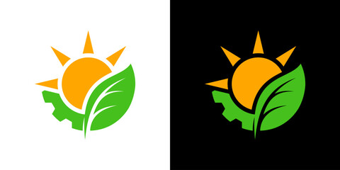 logo design illustration of gear shape, sun in the middle and growing leaves.
