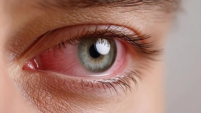 Close-up of a human eye, noticeably red and bloodshot, with a green iris, suggesting irritation or infection.