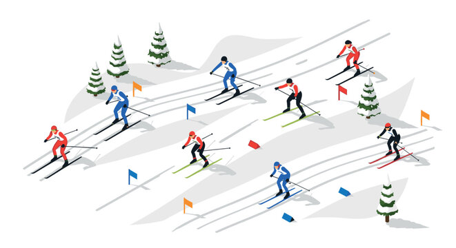 Isometric skiers on winter trail with flags and pine trees