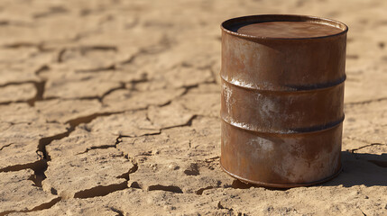 Naklejka premium Rusted Barrel in Desert: A weathered barrel sits alone in a cracked, arid landscape. The parched earth and rusty metal evoke a sense of abandonment and environmental distress.