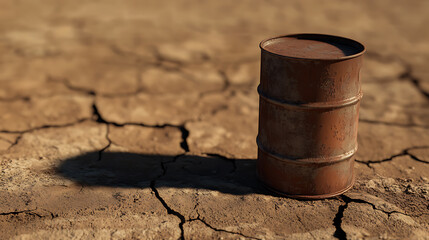 Naklejka premium A weathered metal barrel stands alone in a barren landscape of cracked earth. The setting sun casts a stark shadow, highlighting the aridity of the environment.