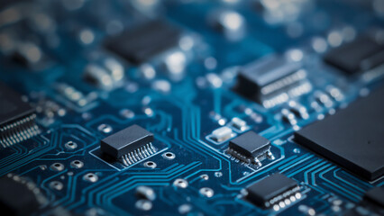 Close-up blue circuit board with microchips and electronic components. High-tech hardware background ideal for technology, engineering, computing, and digital industry designs.
