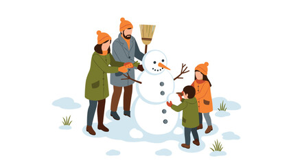 Fototapeta premium Family building snowman together in winter scene with happy children