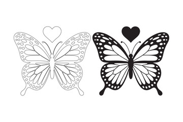 Two butterflies one detailed one outline with heart symbol