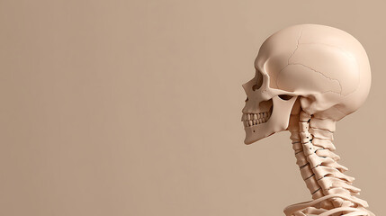Anatomical display: side profile of a human skeleton's skull and neck against a neutral backdrop, showcasing the intricate details of bone structure and the anatomy of the skeletal system.