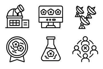 Fototapeta premium Dark Matter Icons. Line style icons of dark matter: international observatory, dark matter lab icon, telescope network, research