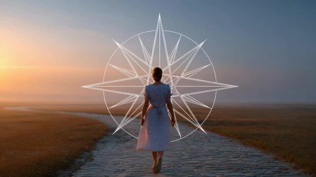 Woman on path with directional windrose, windrose symbol enhancing vision. Girl walks along pathway toward bright horizon, directional guidance reflected, seeking future.