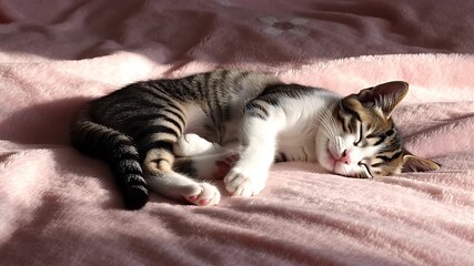 Cute striped tabby cat sleeping peacefully on a soft pink blanket in warm sunlight - Powered by Adobe