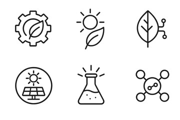 Artificial Photosynthesis Icons. Line style icons of artificial photosynthesis: artificial photosynthesis logo, green leaf with