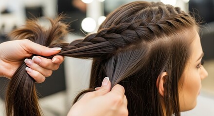 Fototapeta premium A woman is getting her hair done showing hands braiding thick dark hair on woman’s head in salon