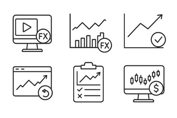 Forex Trading Line Icons. Line style icons of forex trading: forex simulator icon, historical chart data, backtest result chart,
