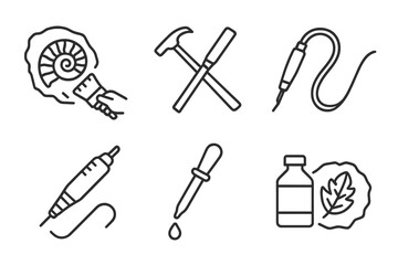 Fototapeta premium Paleontology Tool Icons. Line style icons of paleontology: fossil cleaning, preparation tools, air scribe, microdrill, consolidant