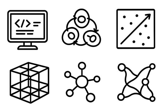 Astrophysics Icon Set. Line style icons of astrophysics: simulation code screen, numerical model icon, Monte Carlo simulation,