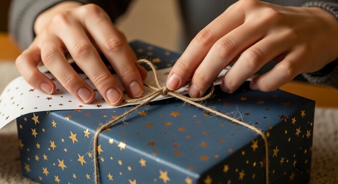 A person tying a star gift showing hands wrapping gift box with decorative paper and twine string