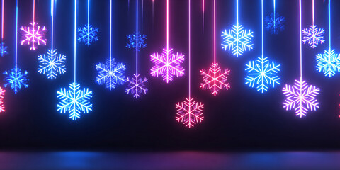 A futuristic New Year's background with glowing neon lines and snowflakes. Cyberpunk blue and pink colors. A modern holiday theme.