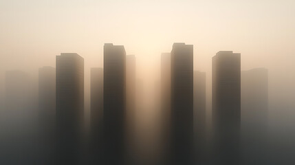 City skyline emerging through dense fog at dawn. Buildings stand as silhouettes against the muted sunlight, creating a surreal urban landscape. Dawn breaks over the buildings.
