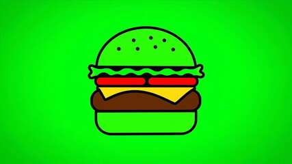 Animated cartoon burger with green bun cheese patty and lettuce on a vibrant green screen background perfect for fast food advertisements and playful content. - Powered by Adobe