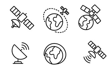 Meteorology Line Icons. Line style icons of meteorology: weather satellite, polar orbit, geostationary satellite, satellite dish