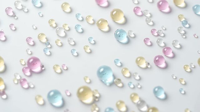 Delicate array of pastel colored droplets scattered across a pale glossy surface like miniature glass beads
