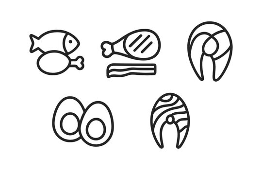 Ketogenic Diet Icons. Line style icons of ketogenic diet: protein sources, grilled chicken icon, steak cut, eggs pair symbol,