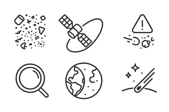 Space Junk Icons. Line style icons of Space Junk: Floating Debris Field, Satellite Panel, Orbit Arc, Collision Warning, Telescope