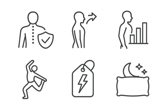 Chiropractic Care Benefits. Line style icons of chiropractic care: chiropractic benefits, improved posture icon, reduced pain