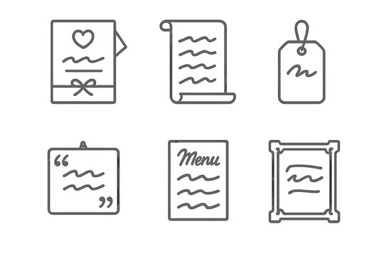 Calligraphy Icon Collection. Line style icons of Calligraphy Art Projects: wedding invitation card, poem scroll, name tag, quote