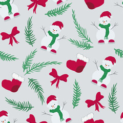 Christmas vector seamless pattern. New Year background with snowman, ribbon,  tree,  Santa. Holliday wallpaper. Template for print, banner, web, gift.