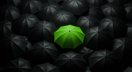Stand out boldly with a vibrant green umbrella amidst a sea of dark, protective rain gear symbolizing unique spirit and innovation