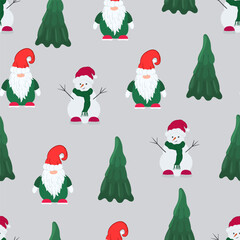 Christmas vector seamless pattern. New Year background with snowman, ribbon,  tree,  Santa. Holliday wallpaper. Template for print, banner, web, gift.