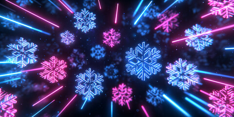 A futuristic New Year's background with glowing neon lines and snowflakes. Cyberpunk blue and pink colors. A modern holiday theme.