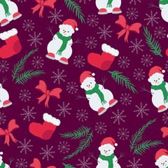 Christmas vector seamless pattern. New Year background with snowman, ribbon,  tree,  Santa. Holliday wallpaper. Template for print, banner, web, gift.